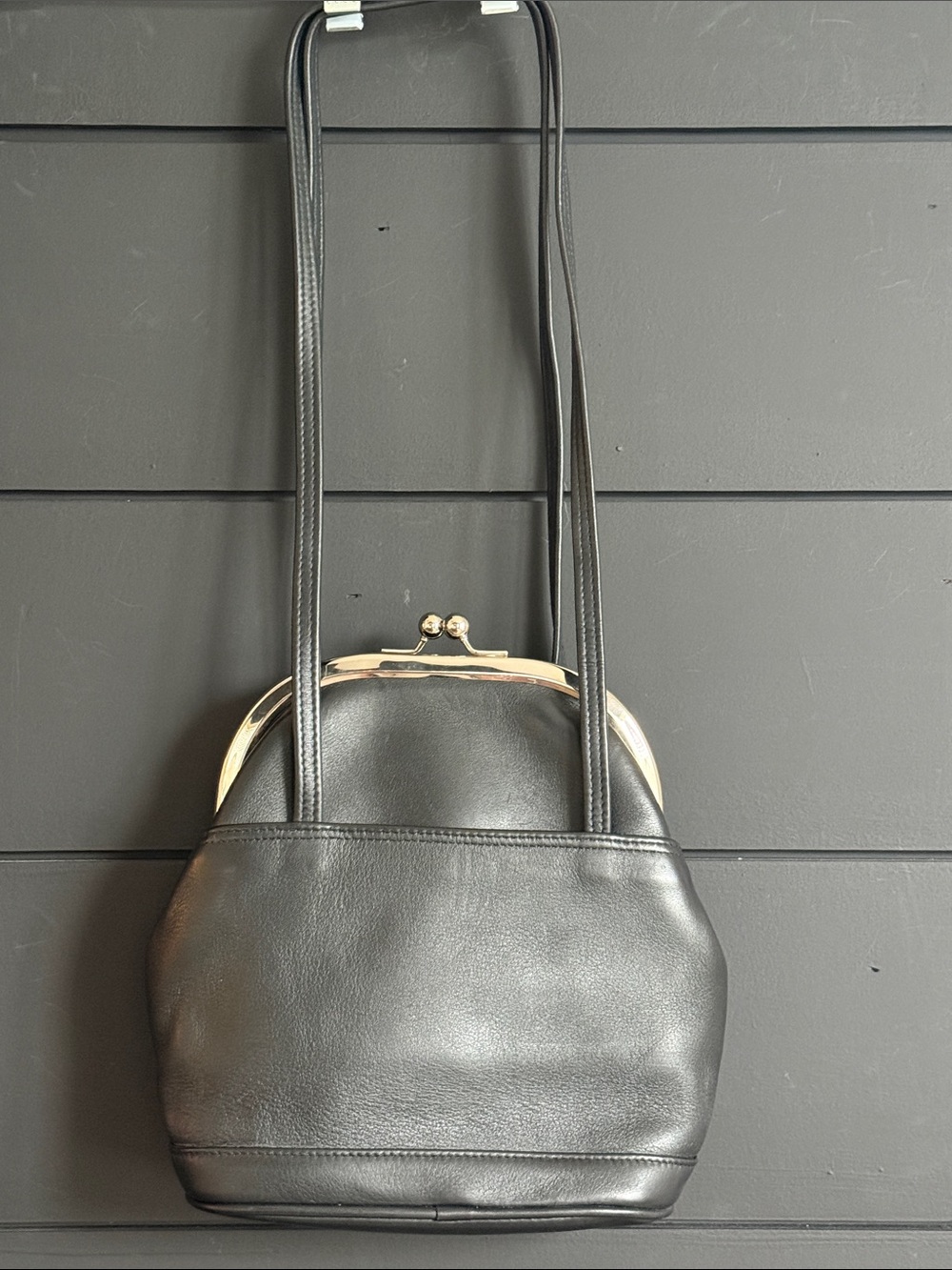 Vintage Jacqueline Ferrar Black Leather Kiss-Lock Shoulder Bag with Silver Frame